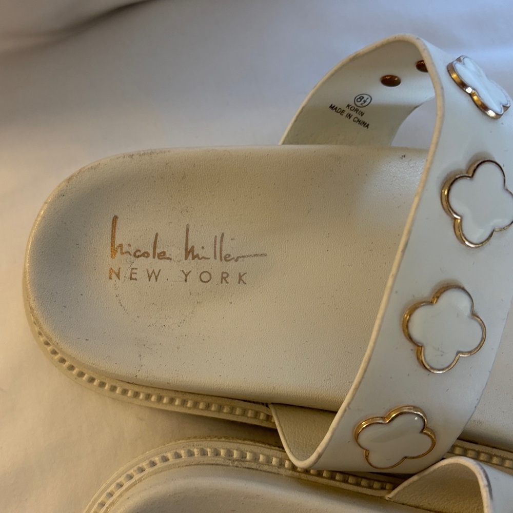 Nicole Miller ivory Slide Sandals with Gold Floral Detail - Picture 3 of 6